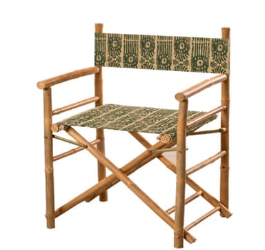 A folding director's chair constructed from bamboo, featuring a natural light wood finish. The seat and backrest are made from a woven textile, possibly canvas or similar fabric, adorned with an intricate green and beige geometric pattern. The chair has prominent armrests and a cross-brace folding mechanism visible below the seat. — 3D model