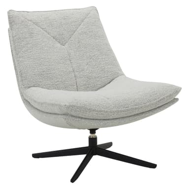 An armless contemporary lounge chair upholstered in a light grey, textured woven fabric, featuring a deeply scooped seat and a reclined back with distinct stitching. It is supported by a sleek, matte black four-star swivel base. — 3D model