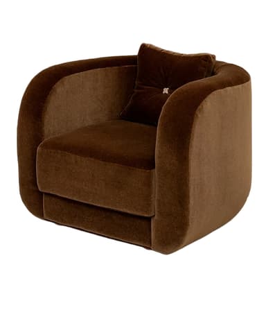 A generously proportioned, single-seater lounge chair upholstered in a rich brown velvet fabric, featuring a distinct rounded silhouette for both the armrests and backrest. It includes a separate seat cushion, a back cushion, and a matching, button-tufted throw pillow, all contributing to a plush and inviting aesthetic. — 3D model