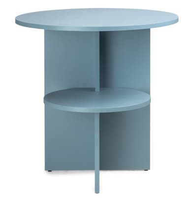 A modern side table with a circular top and a tiered shelving system. The structure consists of a main vertical support beam, two vertical side panels, and a circular shelf positioned below the tabletop. The base has two thin legs extending outwards. — 3D model