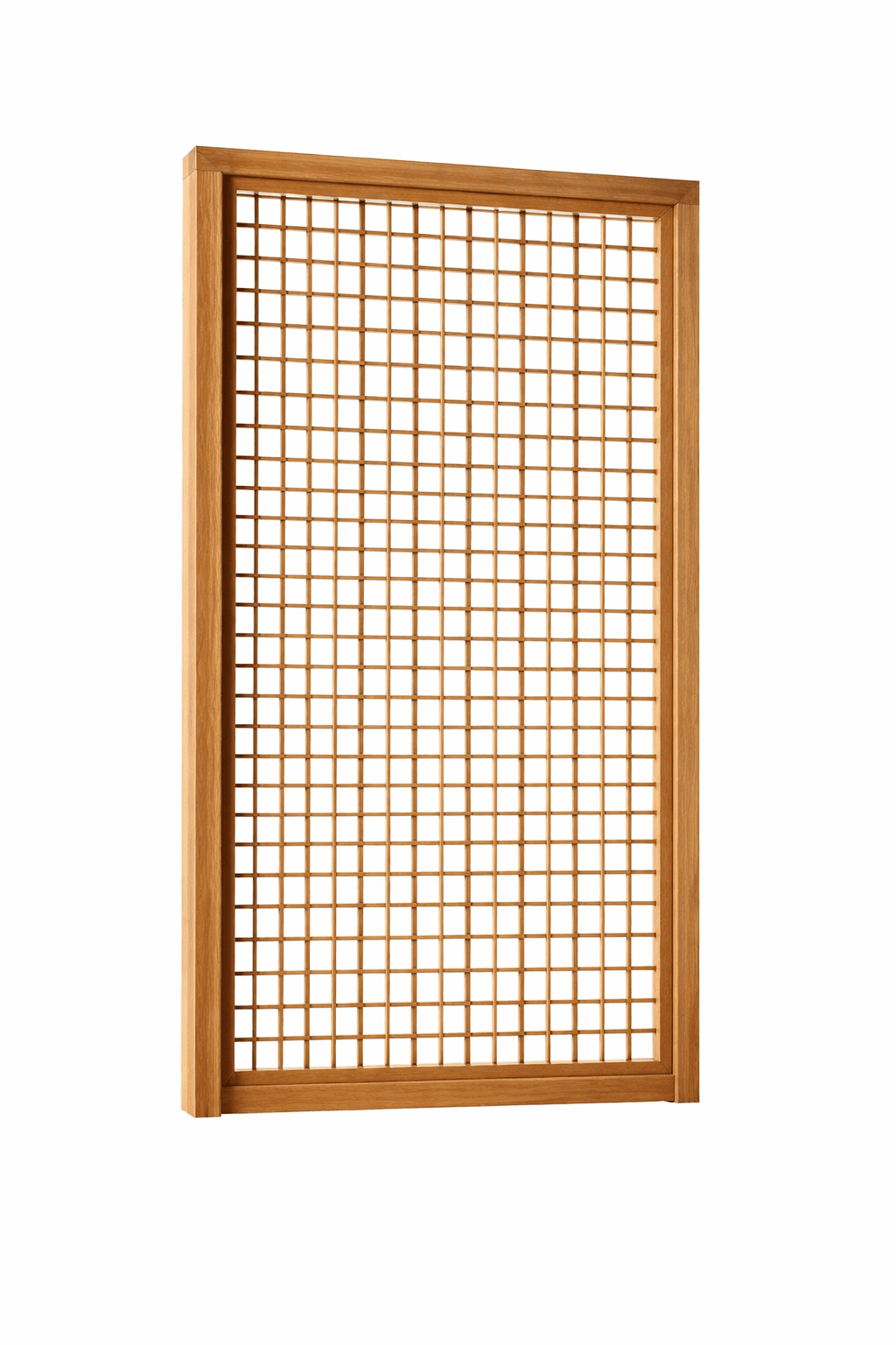 A rectangular wooden room divider with a grid pattern. The frame is constructed from solid wood, and the interior features a latticework of thin wooden slats arranged in a uniform grid of squares. The wood exhibits a natural grain and a light to medium brown finish. The design is minimalist and offers partial transparency. — 3D model