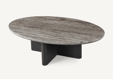 A modern coffee table with a round, textured stone top and a dark, rectangular base with cylindrical legs. The top has a naturalistic, slightly irregular edge. The base appears to be made of metal, with a matte finish. — 3D model