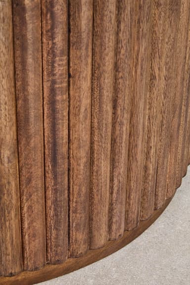 A round coffee table featuring a natural marble top with varied veining and a cylindrical base constructed from vertical fluted wooden slats. The table is relatively low, suitable for a living room setting. — 3D model
