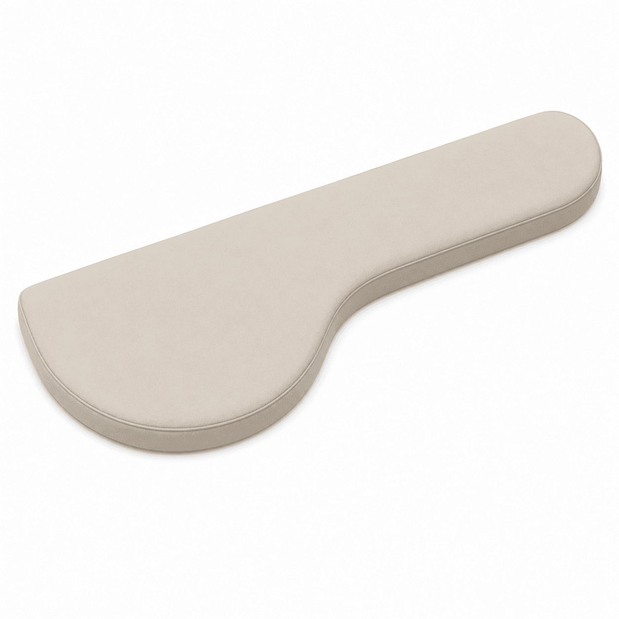 An elongated, irregularly curved upholstered cushion designed for modular seating systems. It features a light beige fabric with clean lines and subtle piping along its edges. — 3D model