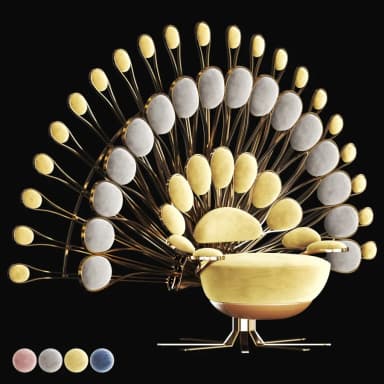 A wireframe model of a decorative armchair designed to resemble a peacock. The base of the chair is a rounded, low-profile seat. Rising from behind and above the seat is a fan-like structure composed of numerous elongated, oval shapes supported by thin, branching supports, mimicking the train of a peacock's tail. The overall design is stylized and artistic, suggesting a novelty or statement piece. — 3D model