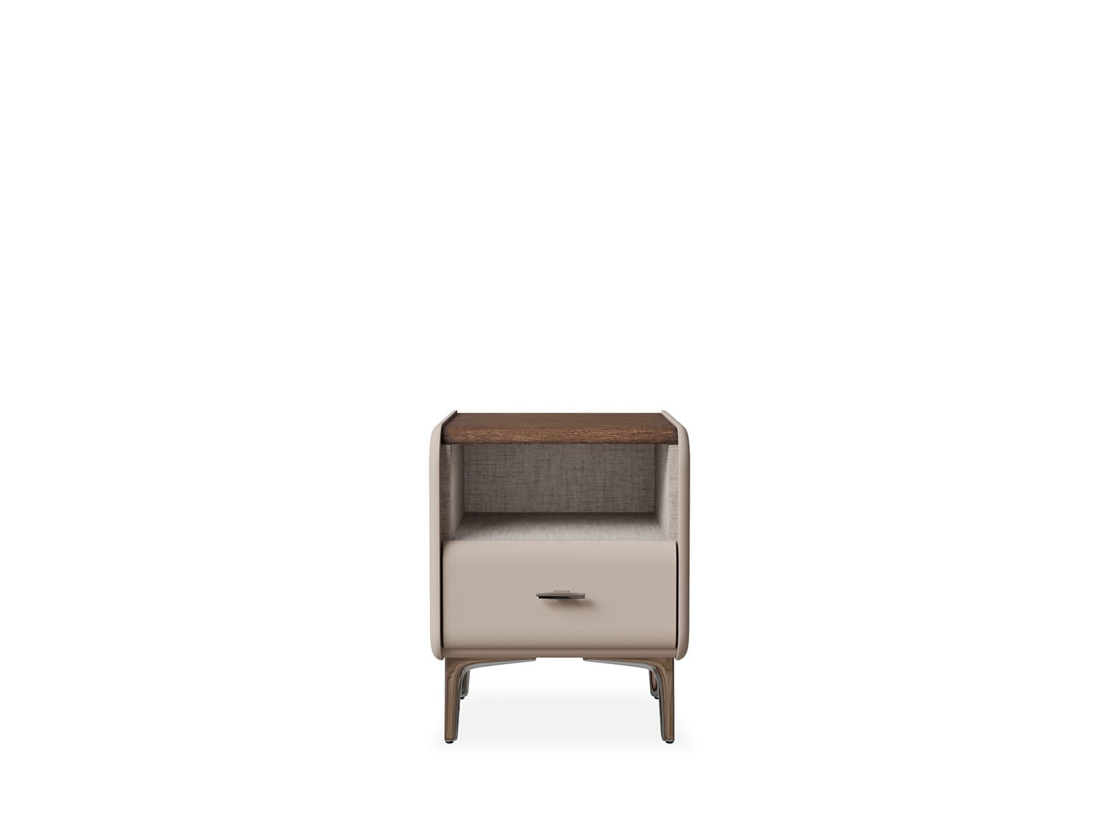 A modern nightstand featuring a combination of materials. The top surface appears to be wood, with a rich grain pattern. Below the wood top, there is an open shelf upholstered in a textured fabric. The main body of the nightstand has a smooth, possibly lacquered or leather-wrapped drawer front with a minimalist handle. The structure is supported by slender, metallic legs that angle outwards. — 3D model