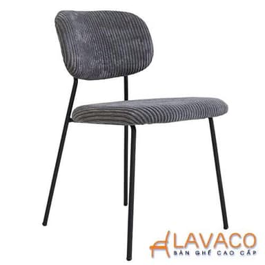 A modern dining or side chair featuring a gray ribbed corduroy upholstery on both the seat and backrest. The backrest is gently curved for ergonomic support, and the seat is a flat, upholstered pad. The chair is supported by four slender, splayed black metal legs. — 3D model