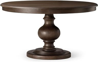 A dark brown round dining table featuring a solid top and a substantial turned pedestal base, resting on a tiered circular plinth. — 3D model