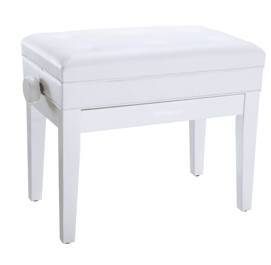 A white bench with a padded seat, featuring a height adjustment mechanism on the left side. The bench has four straight legs and a minimalist design. A logo, likely a brand name 'Roland', is subtly embossed on the front apron. — 3D model