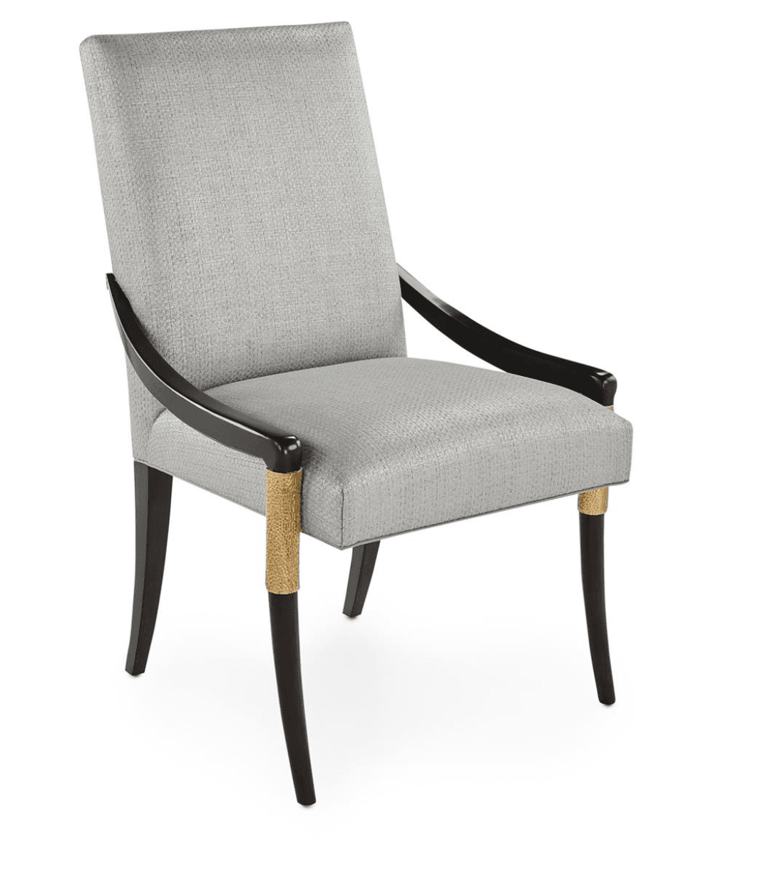 A finely upholstered armchair with a high back and curved armrests. The frame and legs are made of dark wood, with decorative detailing. The seat and back are covered in a textured light gray fabric. The legs have metallic accents near the feet and wrapped detailing around the upper section of the front legs. — 3D model