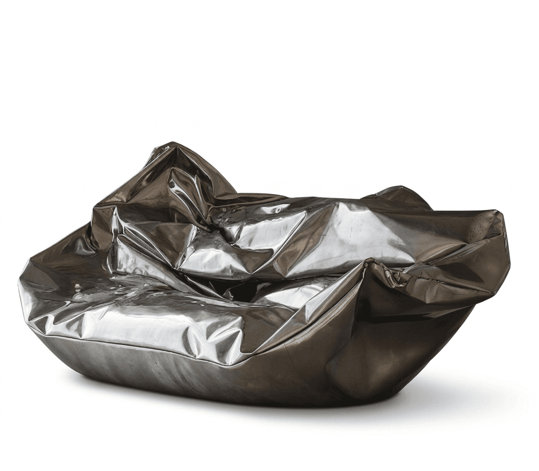 A contemporary sofa with an abstract, crumpled design. The piece features a highly reflective, metallic surface and a low-profile silhouette. Its form suggests a deliberate artistic interpretation of a seating element, characterized by fluid, organic curves and sharp creases. — 3D model