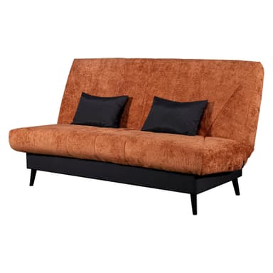 A modern sofa bed, viewed from a side profile, upholstered in a vibrant orange, textured fabric. The backrest is shown in a reclined position, indicative of its convertible functionality. It features a minimalist design with a black lower frame and four black, tapered, splayed legs. A single black throw pillow rests against the backrest, providing a contrast to the orange upholstery. — 3D model
