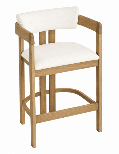 A contemporary bar stool featuring a light-colored wooden frame with integrated armrests and upholstered seat and backrest in a light-toned textured fabric. It has a sturdy four-legged base with a curved footrest. — 3D model