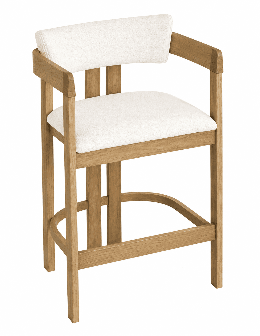 A contemporary bar stool featuring a light-colored wooden frame with integrated armrests and upholstered seat and backrest in a light-toned textured fabric. It has a sturdy four-legged base with a curved footrest. — 3D model