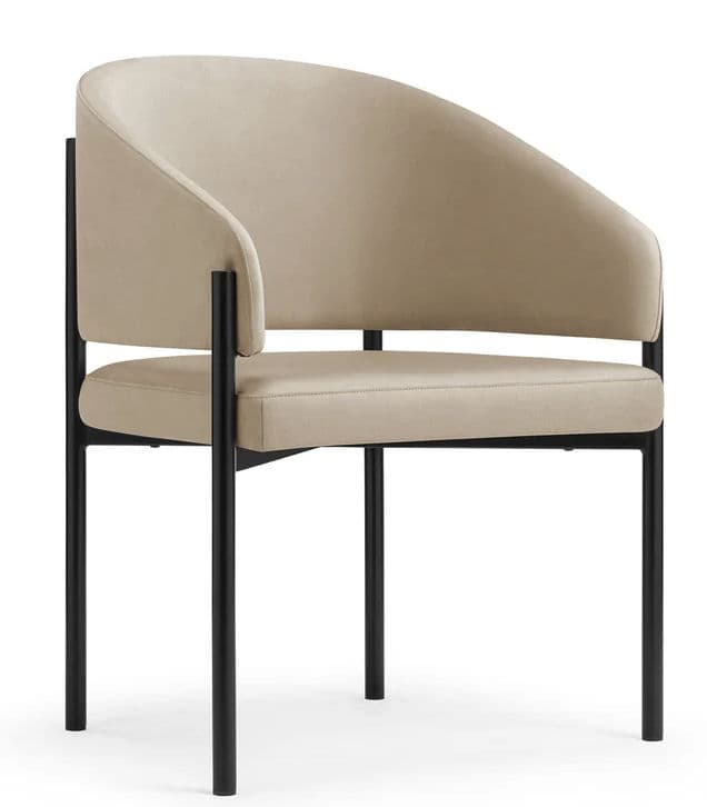 An upholstered armchair featuring a curved backrest that seamlessly transitions into integrated armrests, all supported by a minimalist black metal frame. The seat cushion is well-padded and upholstered in a smooth, light beige or tan fabric, possibly faux leather, complementing the overall contemporary aesthetic. The design emphasizes clean lines and a barrel-like shape for comfort. — 3D model