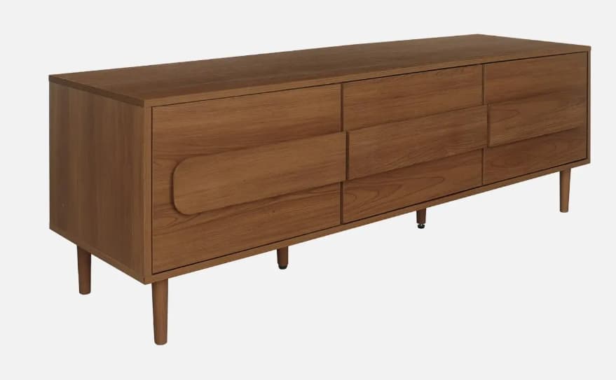 A long, low wooden cabinet with multiple storage compartments, including drawers and perhaps doors, supported by tapered wooden legs, featuring a clean, modern design. — 3D model
