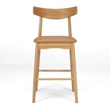 A modern bar stool featuring a light oak wood frame, a gently curved backrest, and a tan leatherette padded seat. It is designed with integrated footrests and straight, round tapered legs. — 3D model
