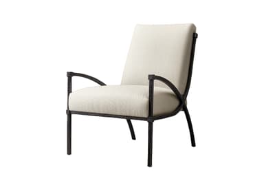 An armchair with a dark, textured forged iron frame and light-colored upholstered seat and back, featuring a transitional design. — 3D model