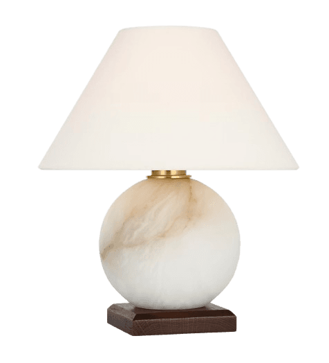 A table lamp featuring a spherical base made of alabaster with natural veining in white and beige tones. The base is supported by a square wooden plinth with a dark finish. The lamp is topped with a conical lampshade in a neutral off-white color, and a brass accent connects the base to the shade. — 3D model