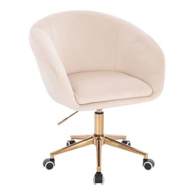 A cream-colored velvet desk chair with a curved backrest and armrests. It features a gold-tone metal base with five legs, each equipped with a caster wheel for mobility. The chair has a central gas lift mechanism for height adjustment. — 3D model