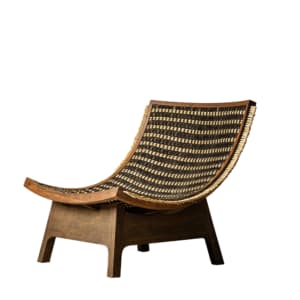 A lounge chair with a curved wooden frame supporting a woven seat and backrest. The seat and backrest are integrated into a single undulating surface. The base is constructed from dark stained wood with a minimalist, angular design. — 3D model