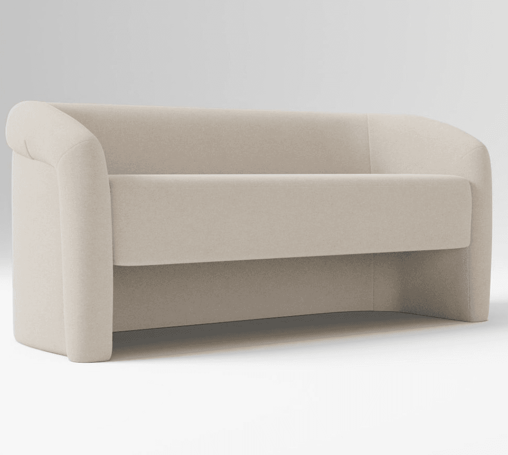 A compact, upholstered sofa with a low profile and rounded armrests. The sofa features a continuous seat and backrest, with a distinct horizontal divide created by the seat cushion. The base is solid and appears to curve inward slightly. — 3D model