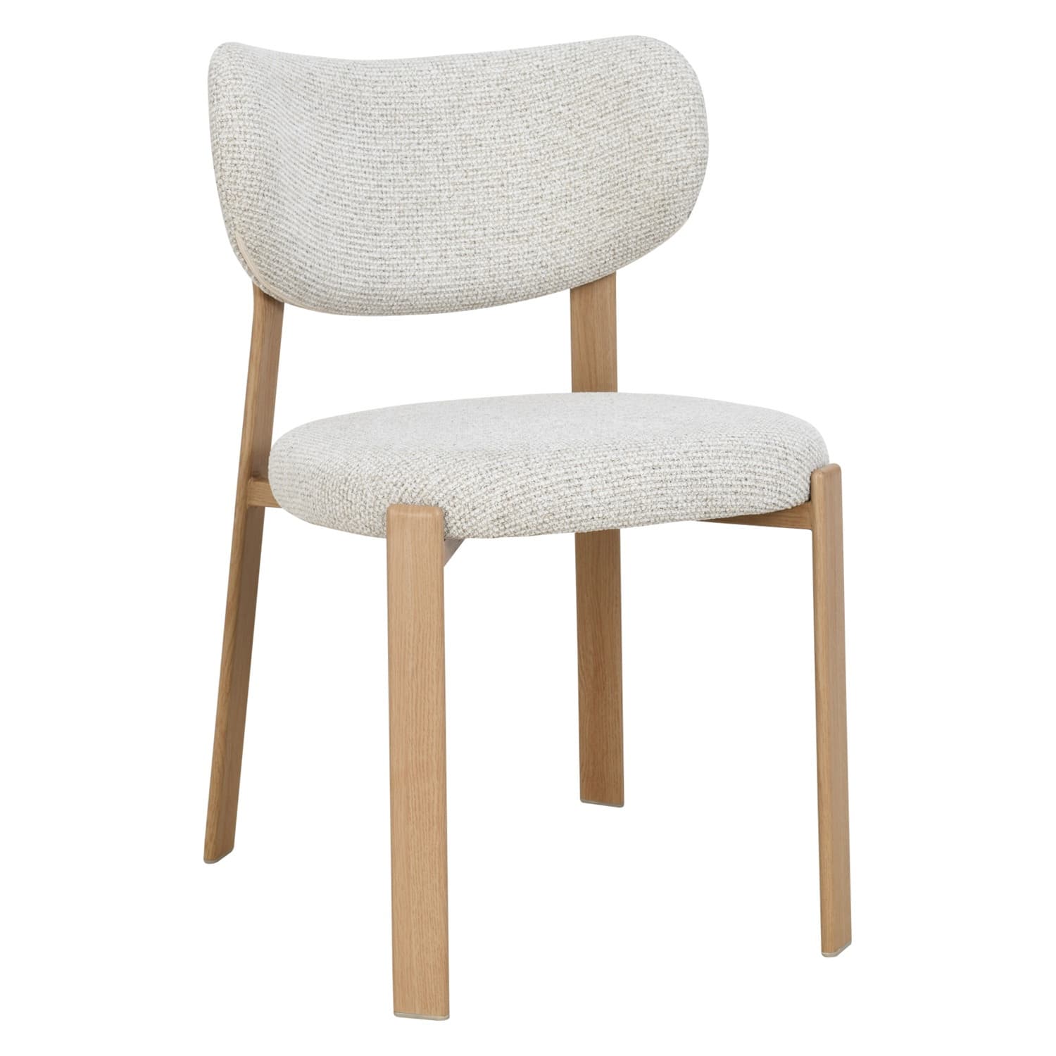 A modern side chair featuring a curved, upholstered backrest and a cushioned seat. The frame and legs are constructed from light-colored wood with a visible grain. The upholstery is a textured, woven fabric in a light neutral color with subtle flecks of darker thread. The design is minimalist and elegant. — 3D model