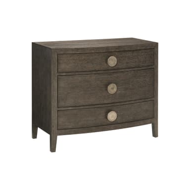 A three-drawer nightstand with a dark wood finish and curved drawer fronts. Each drawer is adorned with a single, circular, metallic knob. The nightstand stands on four tapered legs. — 3D model