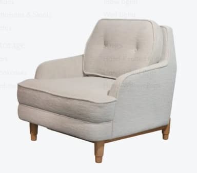A upholstered armchair with a tufted back cushion. The armchair features a rounded silhouette with padded arms and a fixed seat cushion. It is supported by four tapered wooden legs. — 3D model