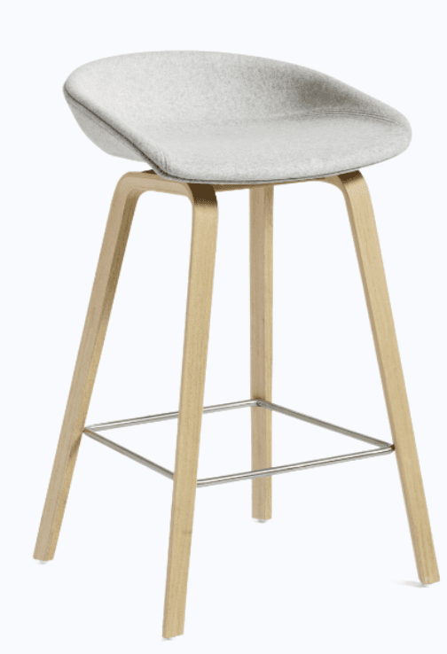 A bar stool with a curved, upholstered seat and a four-legged wooden base. The seat is covered in a light grey fabric. The legs are made of bent wood and are connected by a thin metal footrest. — 3D model