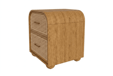 A two-drawer nightstand with a rounded top and curved sides. The drawer fronts are made of cane webbing, framed by a wooden border. The nightstand is supported by two rounded feet at the front. It features brass-colored bar handles on each drawer. — 3D model