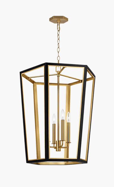 A modern geometric chandelier featuring an octagonal frame with black and gold metal and clear glass panels, suspended by a chain. — 3D model