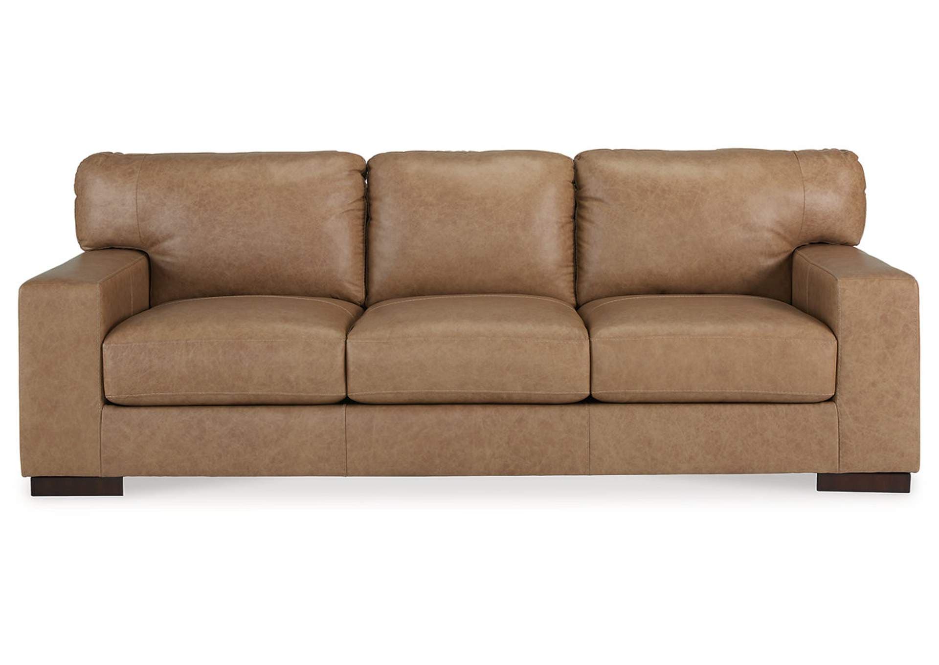 A three-seater sofa with a contemporary design. It features a sleek silhouette with square arms and a low-profile base. The cushions are plush and inviting, with visible stitching details. The sofa is upholstered in a distressed leather-like material, giving it a rich and textured appearance. — 3D model