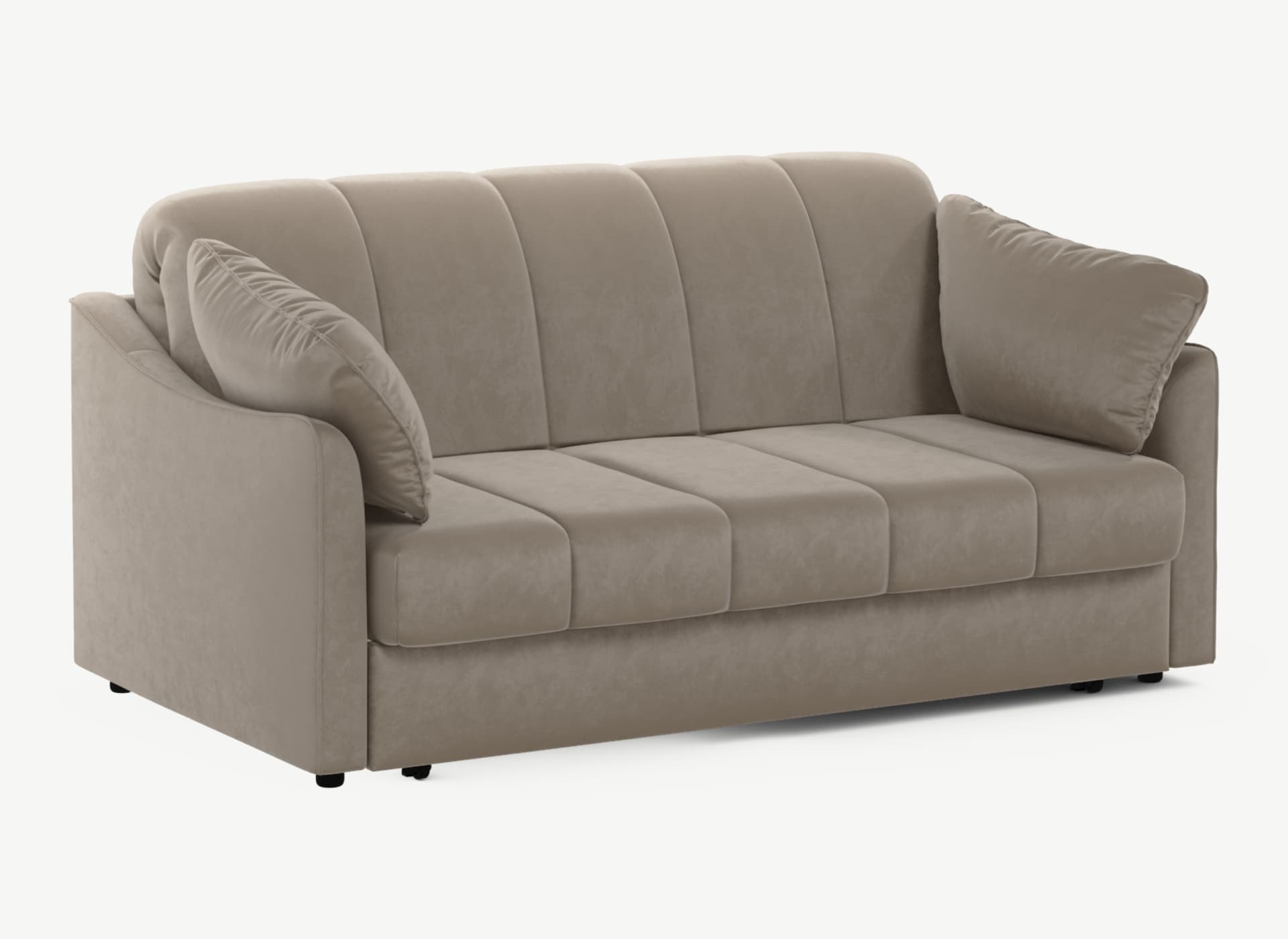A modern two-seater sofa upholstered in beige velvet fabric, featuring a channel-tufted backrest and seat. The compact design includes square armrests and two loose throw pillows, one on each side. The presence of small wheels beneath the base suggests it is a sofa bed with a pull-out mechanism. The overall aesthetic is contemporary and comfortable. — 3D model