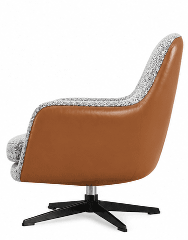 A modern lounge chair featuring a broad, rounded back and seat, upholstered in a distinctive black, white, and gray speckled or abstract patterned fabric. The exterior of the chair's shell is a contrasting warm brown, possibly leather or faux leather, which frames the upholstered sections. It sits on a black multi-leg star-shaped swivel base with a silver central shaft, providing stability and rotational movement. — 3D model