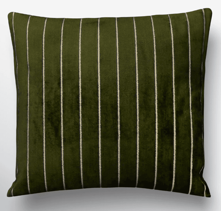 A square cushion with a plush texture and a vertical stripe pattern. The primary color is a deep olive green, with thin, contrasting off-white or light beige stripes running vertically across the surface. — 3D model