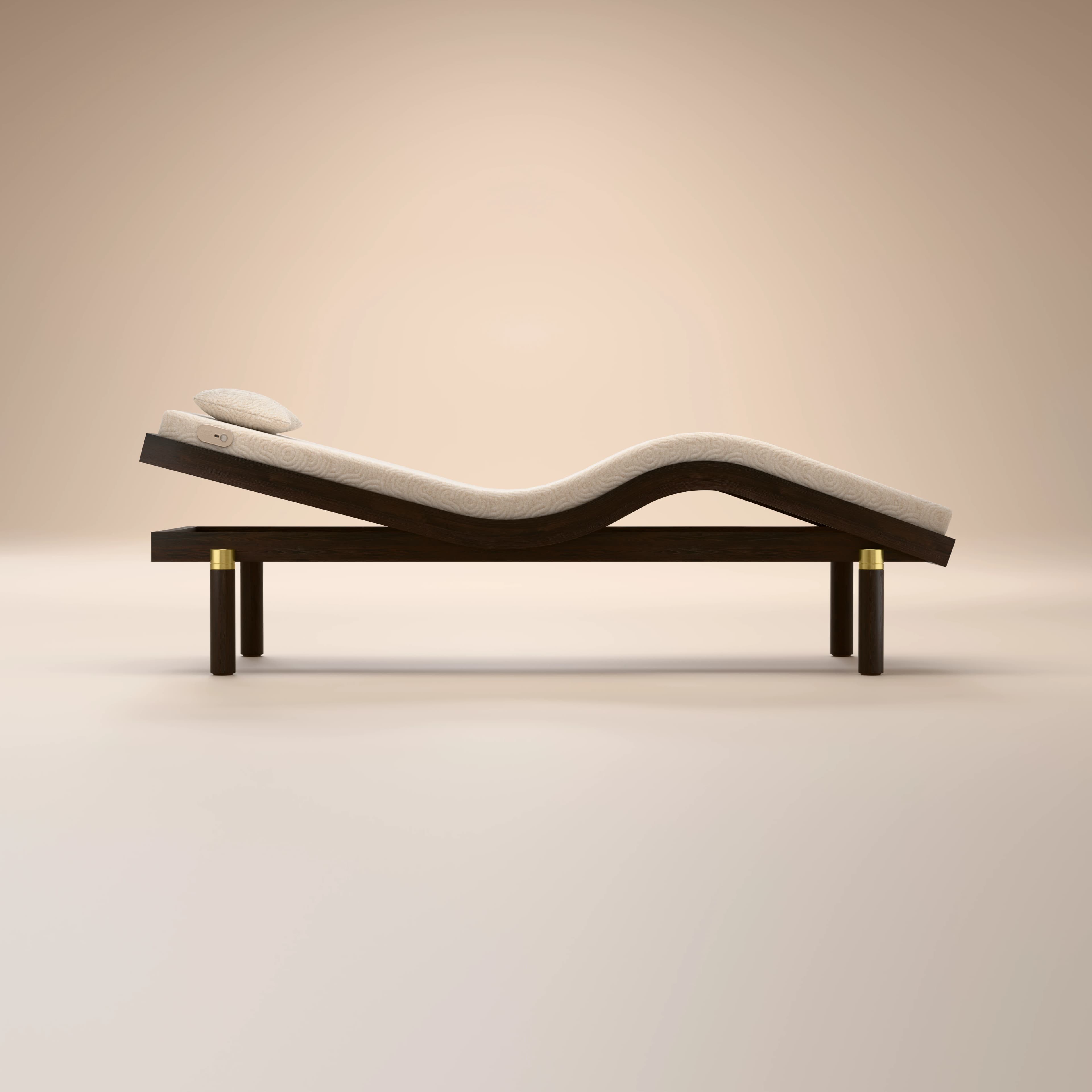 A chaise lounge with a dark wood frame and a curved, contoured seat and backrest. The upholstery is light-colored with a subtle wavy pattern. It features a small, light-colored pillow at the headrest. The frame is supported by four legs, two at the front and two at the back, with decorative brass accents where the legs meet the frame. — 3D model