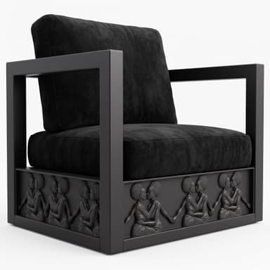 A contemporary armchair featuring a distinctive black velvet upholstery and a robust, geometric frame. The most striking element is the base, which is adorned with sculpted relief panels depicting multiple sets of embracing figures. The chair includes a plush backrest cushion and a seat cushion, both in matching black velvet, set within a dark, possibly black-painted wood or metal, rectangular frame that forms the arms and legs. — 3D model