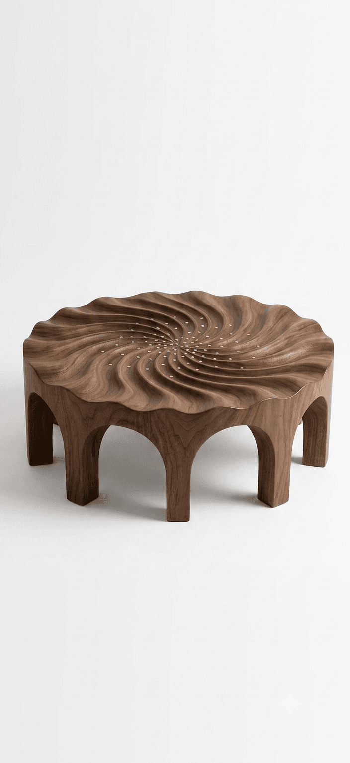 A low, round coffee table crafted from dark walnut wood, featuring a deeply carved spiral pattern on its top surface. The center of the spiral is adorned with numerous small, sparkling brass studs. The table's base consists of integrated, arched leg supports that seamlessly blend into the tabletop, creating a cohesive and sculptural form. — 3D model