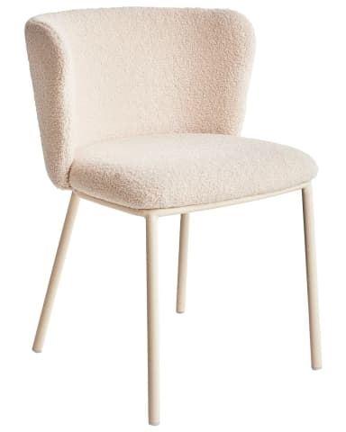 A dining chair with a curved backrest and seat upholstered in a textured, boucle-like fabric. The chair has four slender, angled legs made of metal, finished in a cream or beige color. The upholstery appears to be a light cream or off-white. There is a subtle seam running down the center of the backrest. — 3D model