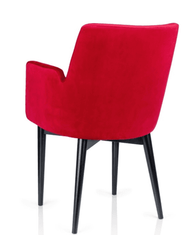 A modern armchair with a red velvet upholstery and black wooden legs. The armchair features a high backrest and integrated armrests, providing a comfortable seating experience. The overall design is sleek and minimalist, suitable for contemporary interior settings. — 3D model