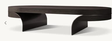 An elongated, oval-shaped bench featuring a dark wood finish and distinctive curved support legs, designed with a modern aesthetic. — 3D model