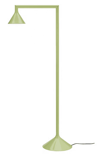 A minimalist light green floor lamp featuring a straight vertical stem, a right-angle arm, a conical shade, and a round, flat base. — 3D model