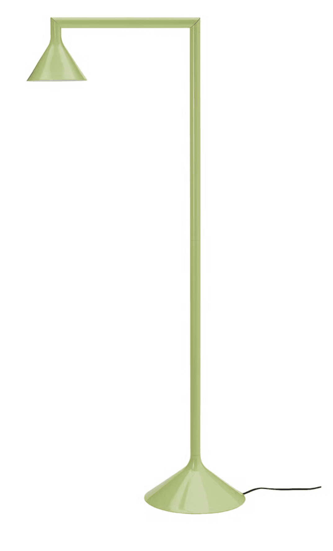 A minimalist light green floor lamp featuring a straight vertical stem, a right-angle arm, a conical shade, and a round, flat base. — 3D model