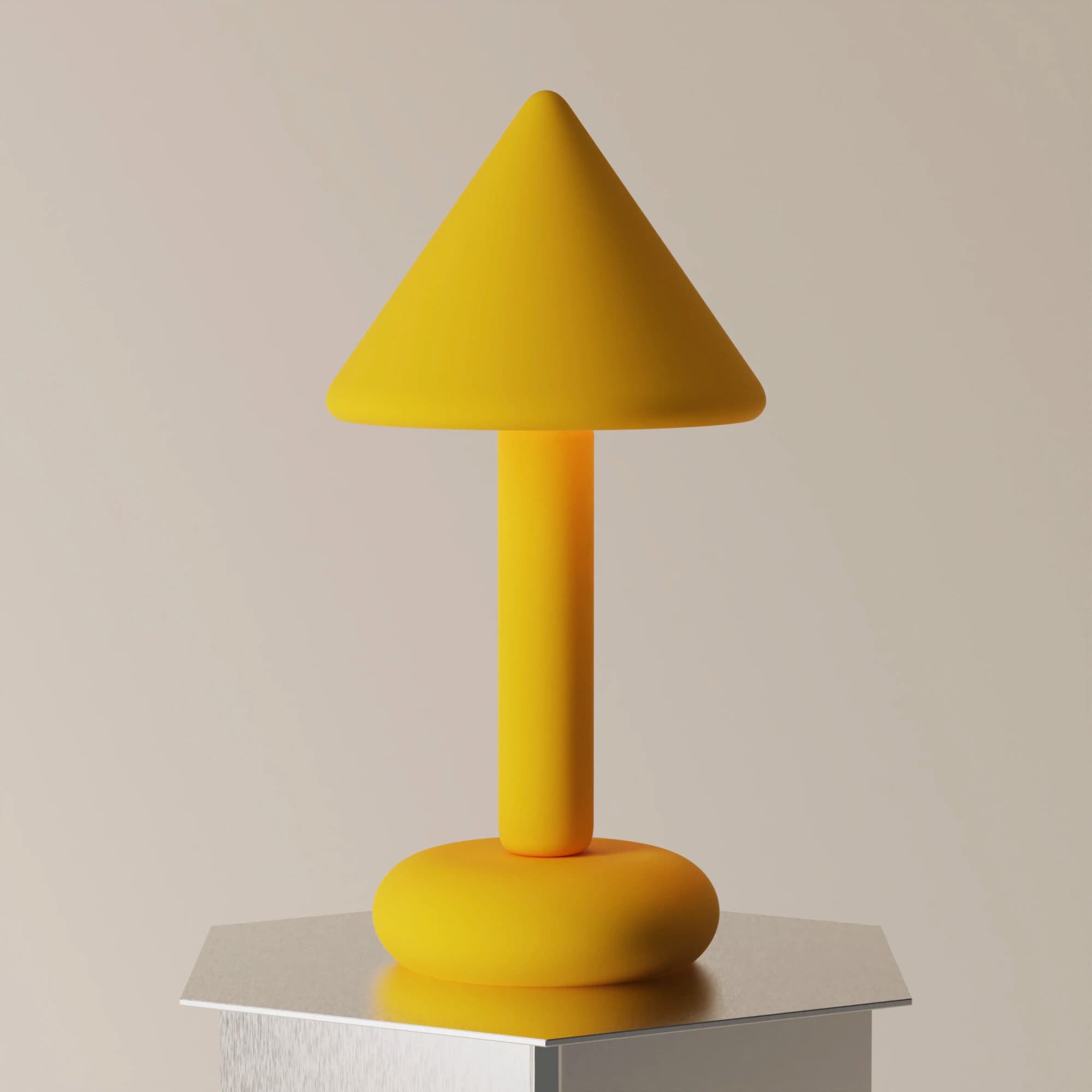 A modern table lamp with a conical shade, a cylindrical stem, and a rounded base. The lamp has a minimalist design with smooth, curved surfaces and a uniform matte finish. — 3D model