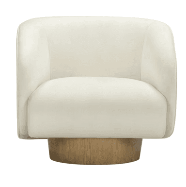 A contemporary barrel swivel armchair featuring a deeply curved, enveloping form upholstered in a cream-colored fabric, supported by a circular wooden plinth base. — 3D model