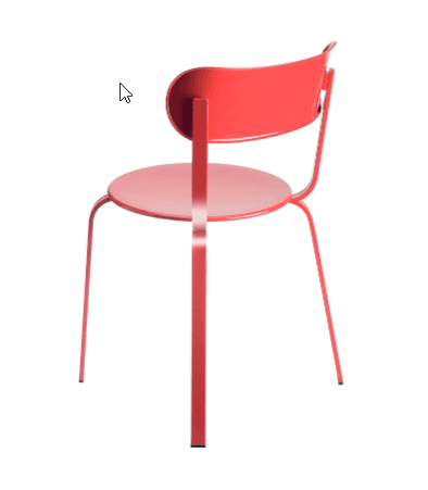 A bright red, single-piece chair, likely made of metal with a powder-coated finish. It features a circular seat and a gently curved backrest for ergonomic support. The four slender legs angle slightly outwards, suggesting stability, and the overall design is minimalist and contemporary. — 3D model