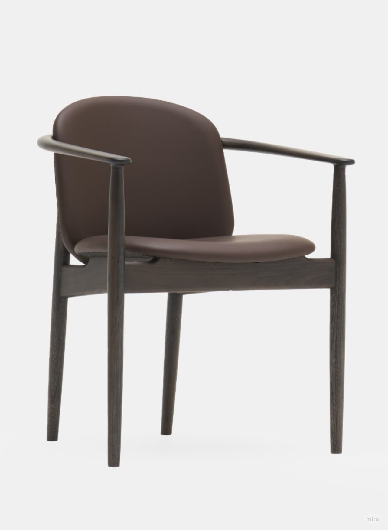 A wooden armchair with a curved backrest and a padded seat. The frame is made of dark-stained wood, featuring slender, tapered legs and curved armrests that flow into the back supports. The seat and backrest are upholstered in a dark brown material, likely leather or faux leather, with a smooth finish. — 3D model