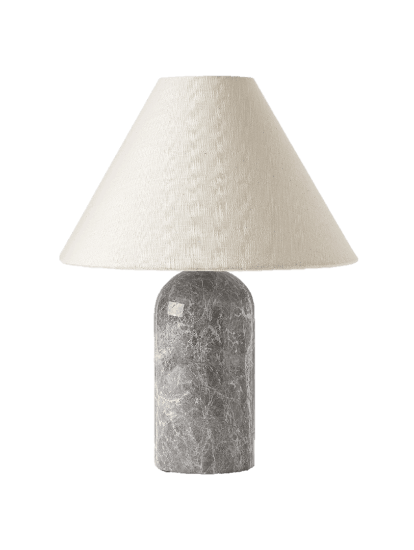 A contemporary table lamp featuring a cylindrical grey marble base with a rounded dome top, paired with a tapered conical fabric lampshade in an off-white or cream color. The marble base exhibits natural veining patterns. — 3D model