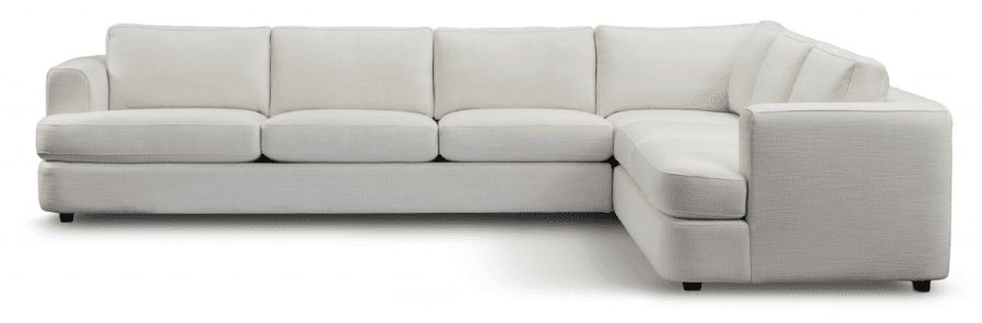 An L-shaped sectional sofa upholstered in a light, off-white textured fabric. It features a clean-lined, contemporary design with wide track arms on both ends. The sofa has multiple individual seat cushions and back cushions, suggesting a modular or multi-component construction, providing ample seating. — 3D model